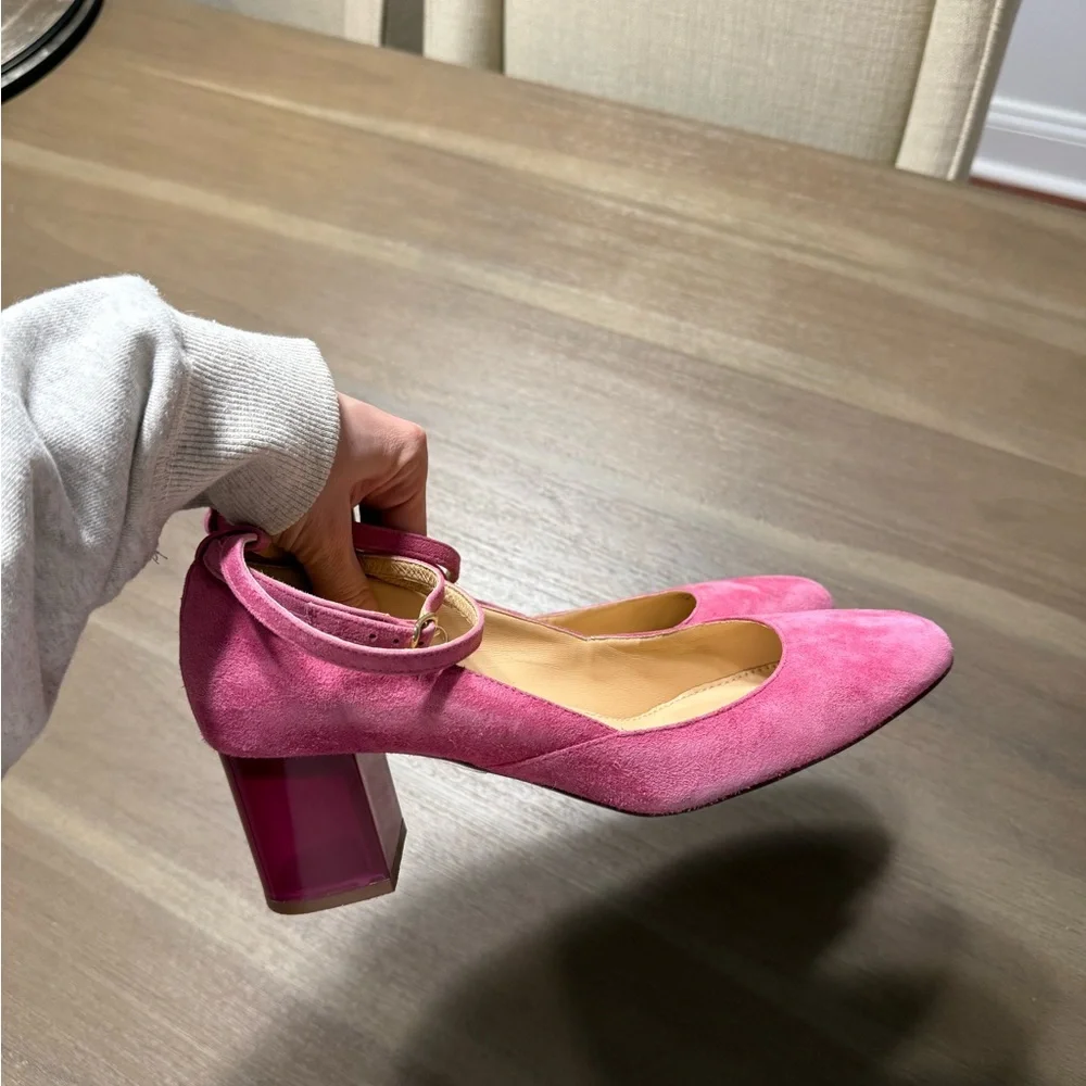 Pink Suede Ankle-Strap Block Heel Pumps